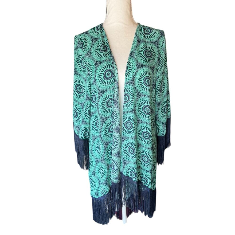 Charlotte Russe Green Abstract Fringe Open Kimono Duster Cardigan Size LARGE
